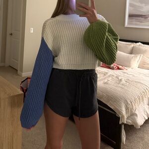 SHEIN Cream Sweater with Green and Blue Sleeves